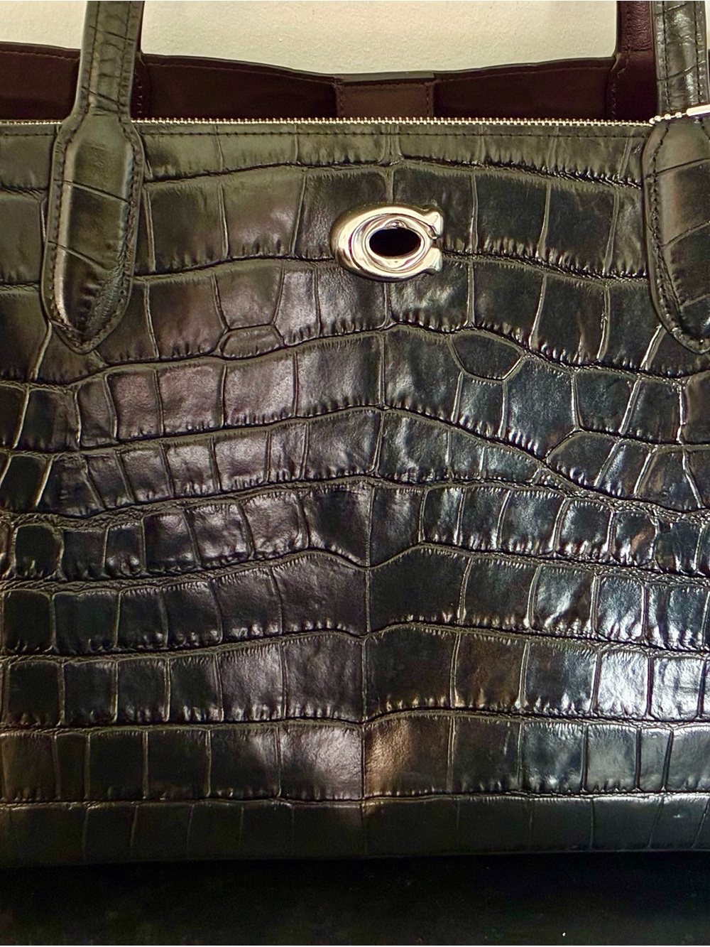 Coach Black Croc-Embossed Leather Maggie Tote with Silver Hardware - Picture 3 of 12